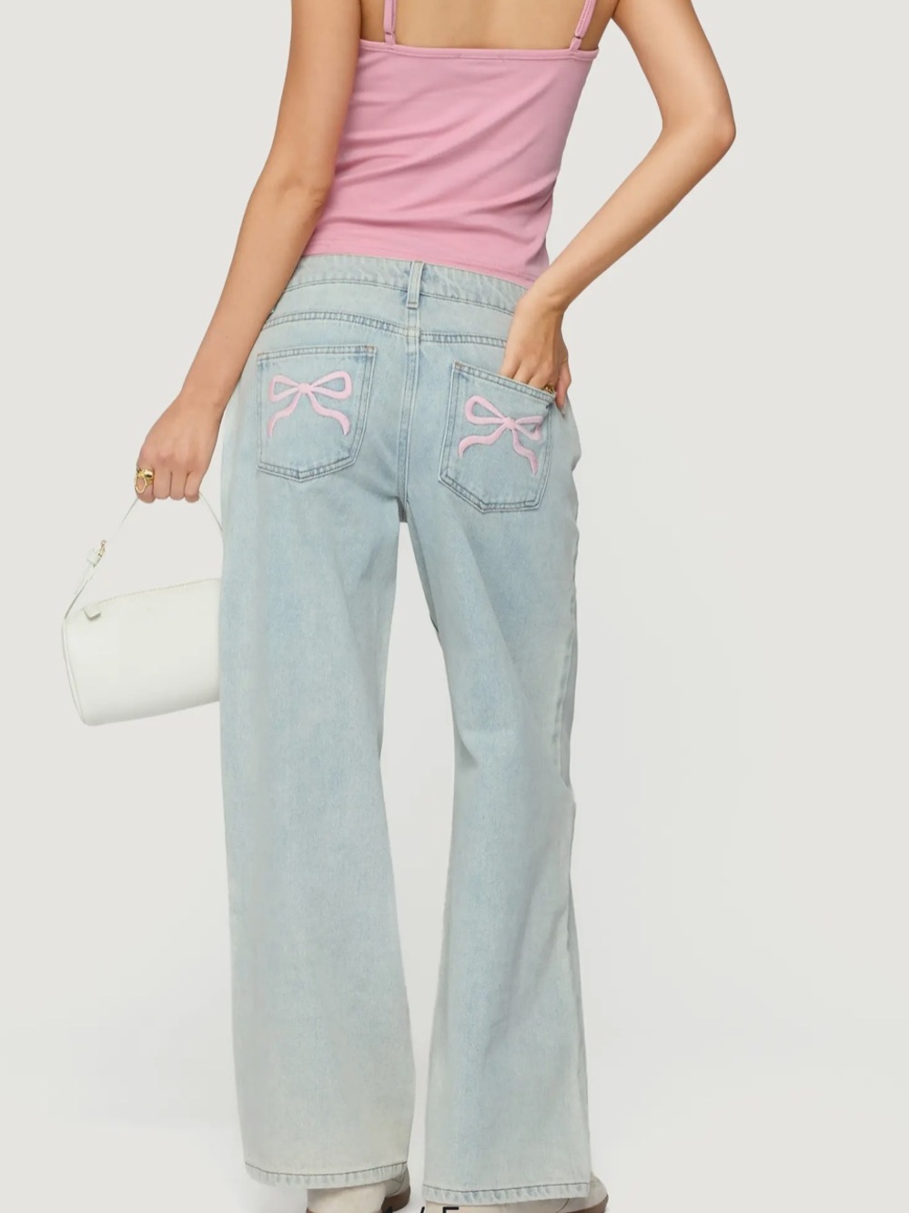 Edikted Pink Bow Light Blue Wide-Leg Jeans Pocket Detail Size Small